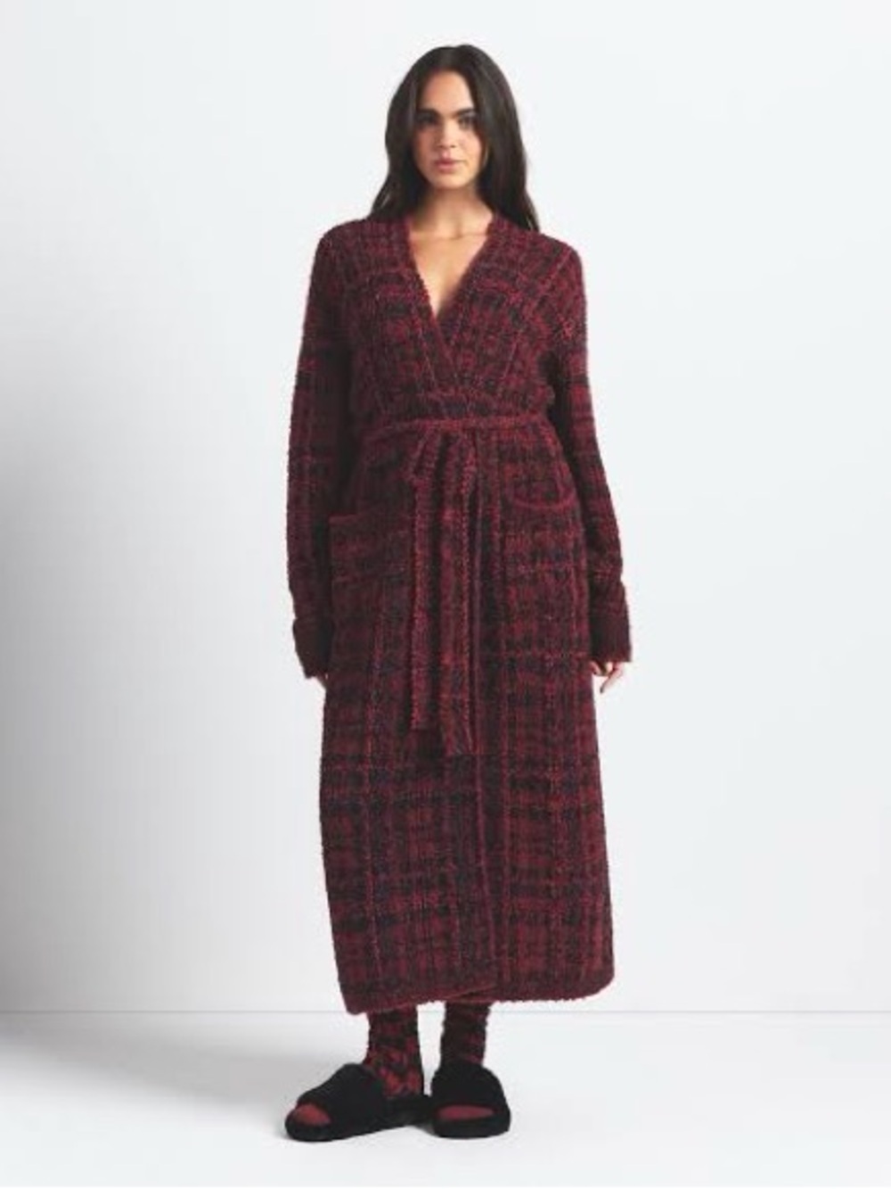 Skims Cozy Knit Robe In Merlot Navy Plaid